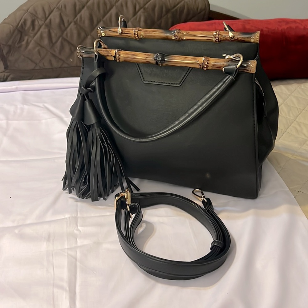 New Black Faux Leather Bamboo Top Purse